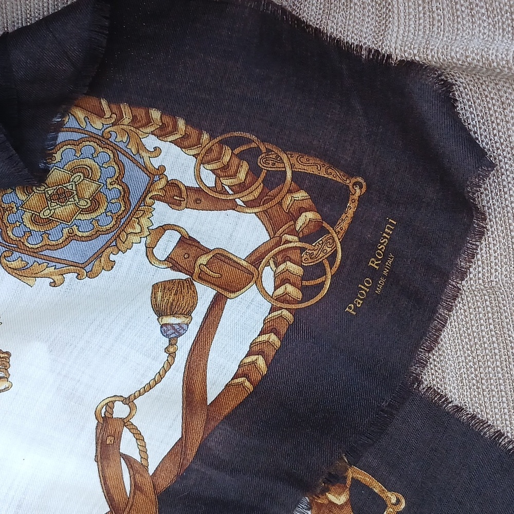 PAOLO Rossini Italian Fringe Black and Gold Chain Link Scarf - Picture 3 of 9